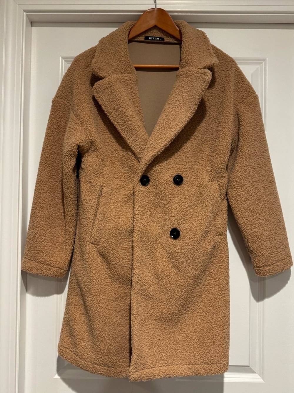 Bershka Women’s Camel Teddy Pea Coat - Double-Breasted